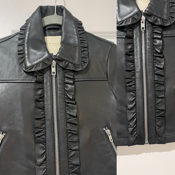 Maje Black Leather Ruffled Jacket - Picture 3 of 11